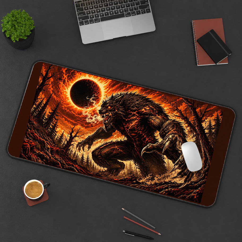 Werewolf Beneath a Fiery Eclipse desk mat — product mockup 3