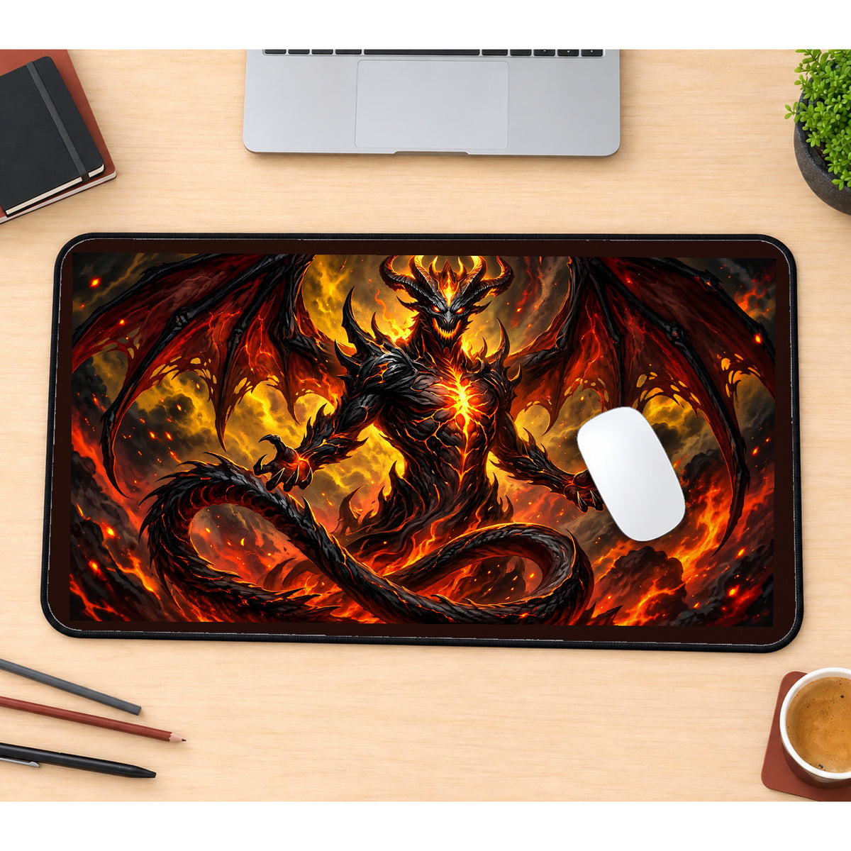 Fiery Winged Demon desk mat — product mockup 1