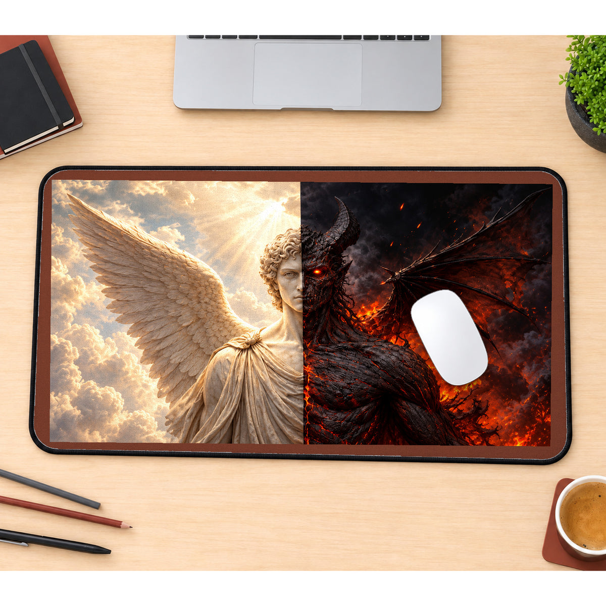 Angel and Demon Duality desk mat — product mockup 1