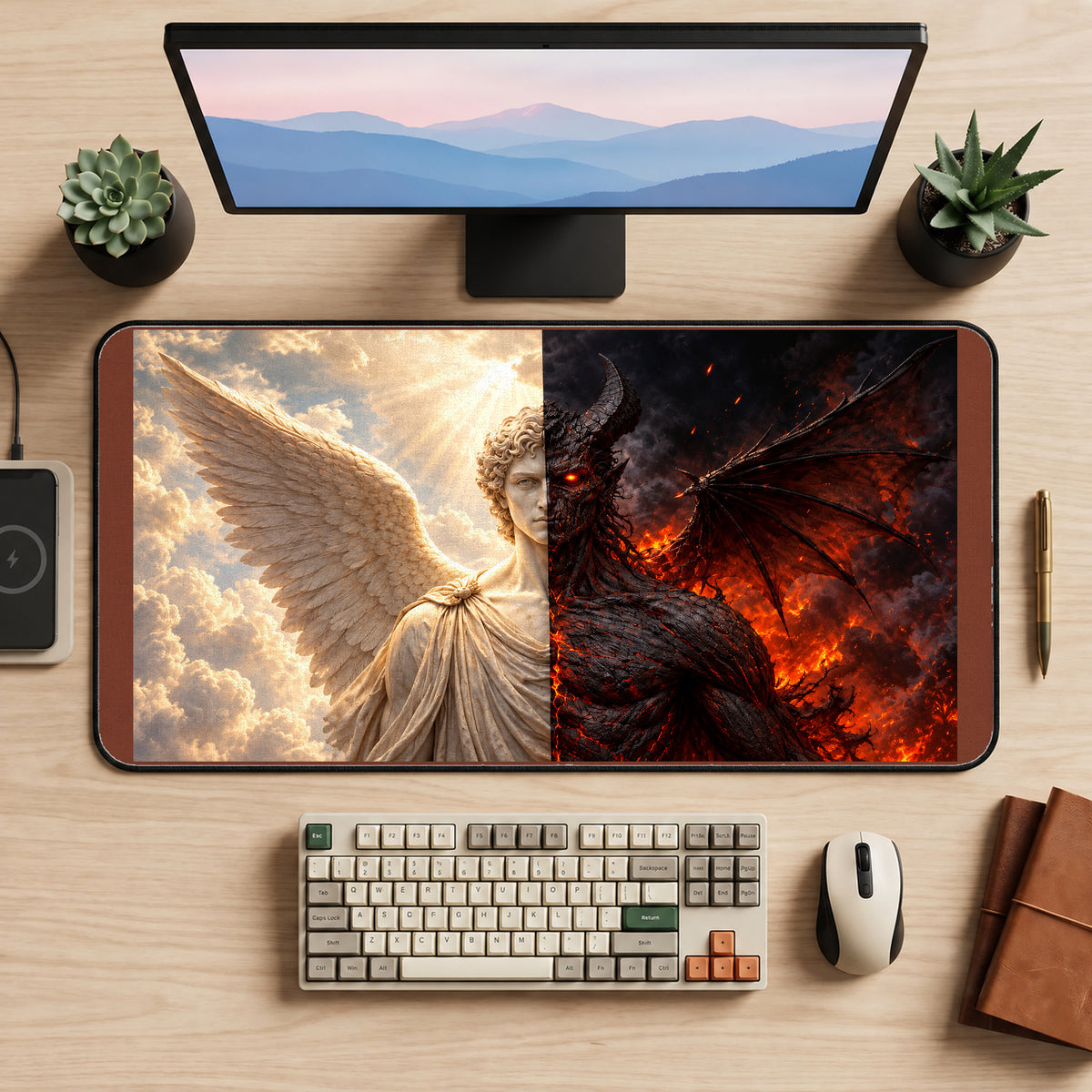 Angel and Demon Duality desk mat — product mockup 2