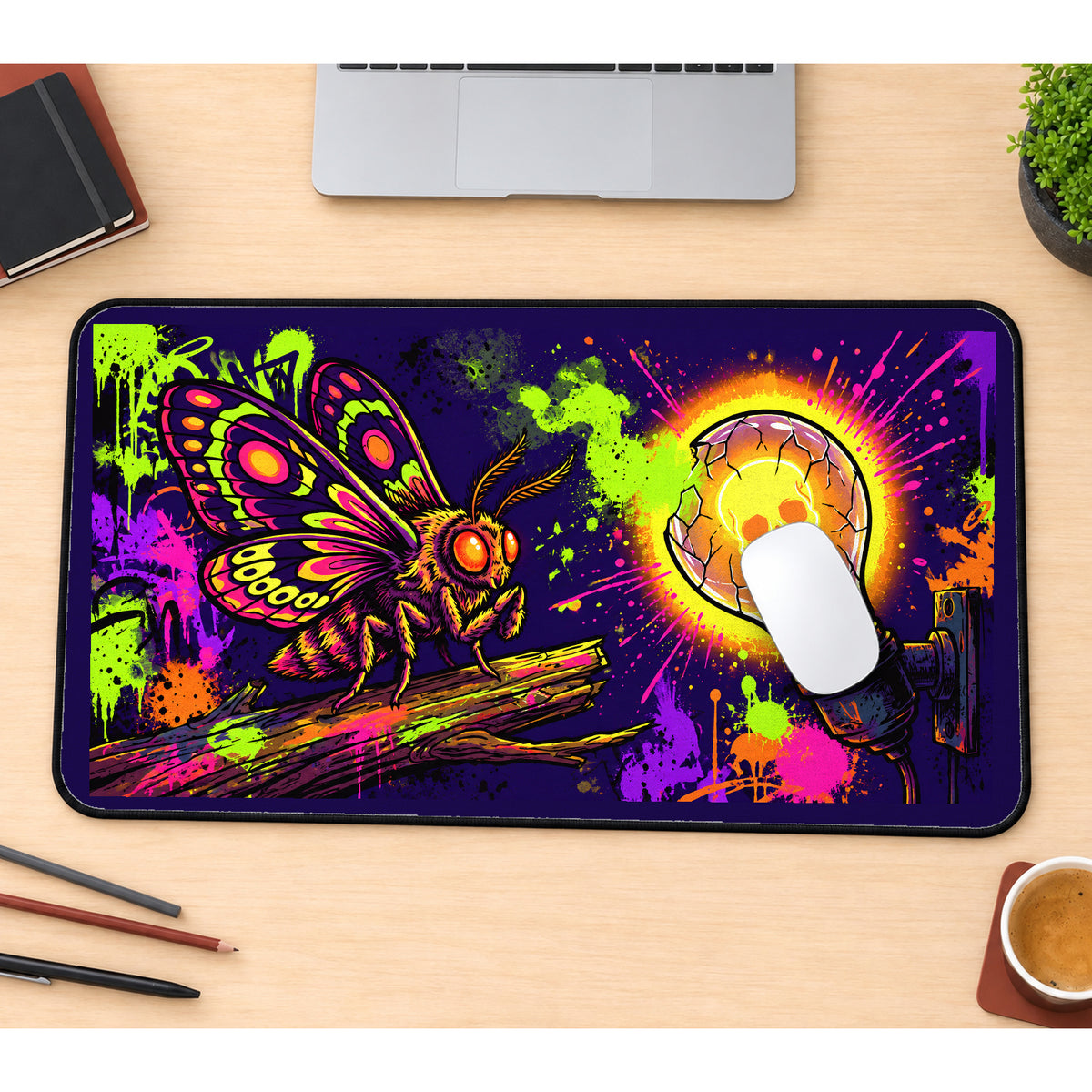 Neon Moth and Skull Bulb desk mat — product mockup 1