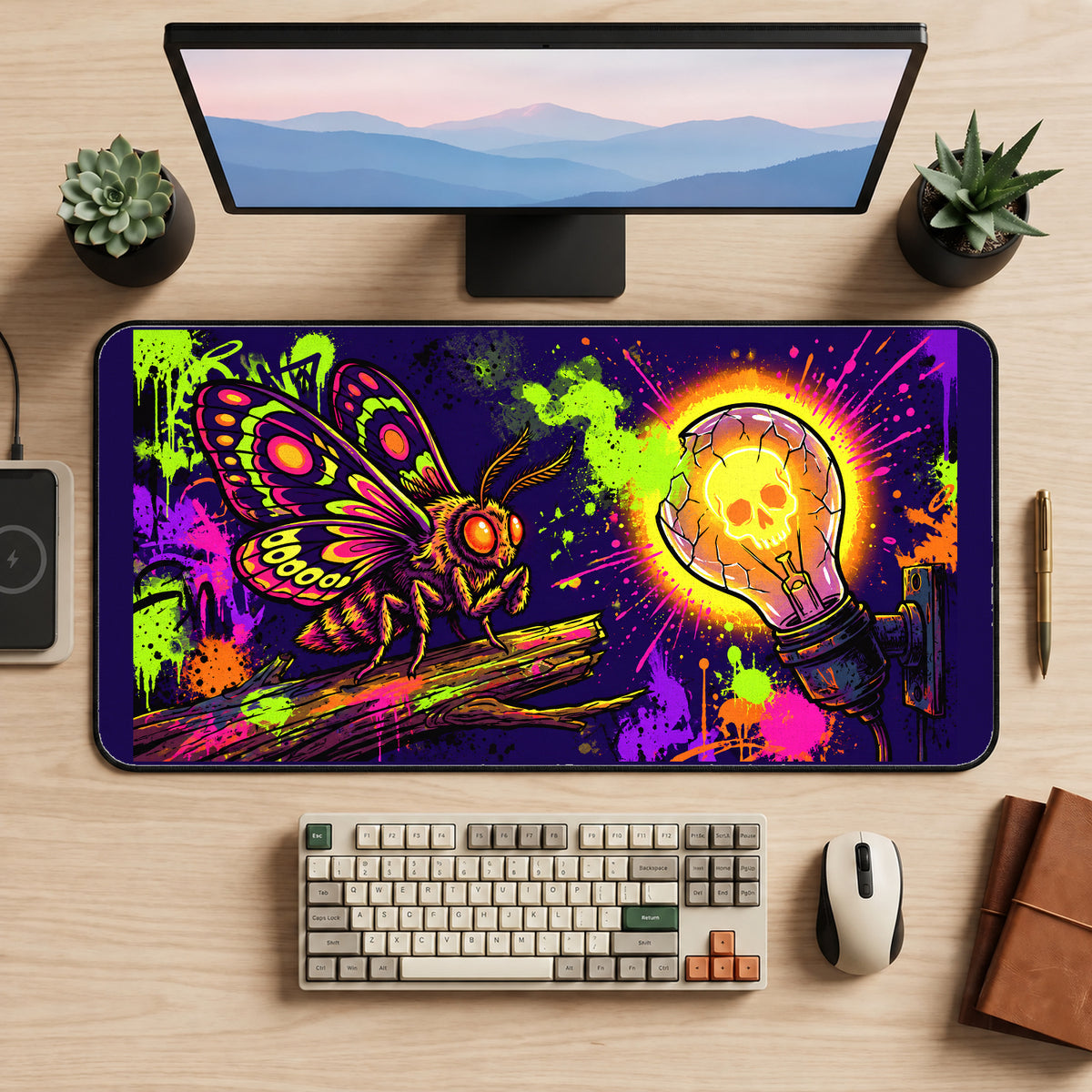 Neon Moth and Skull Bulb desk mat — product mockup 2