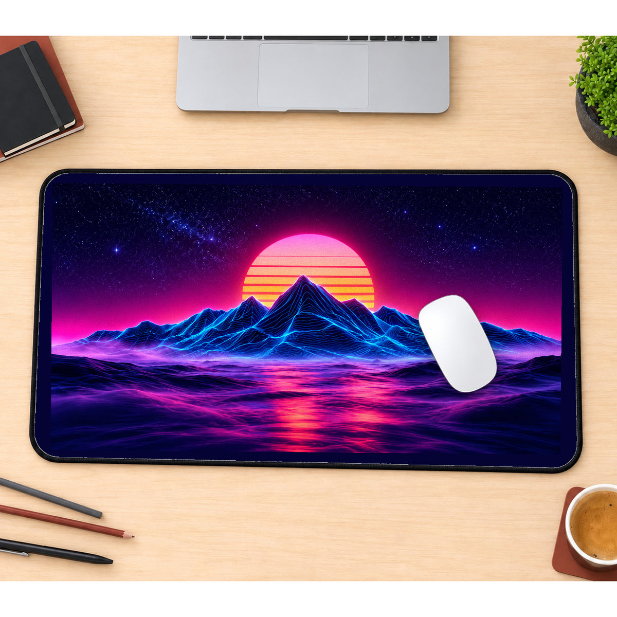 Neon Mountains and Sunset desk mat — product mockup 1