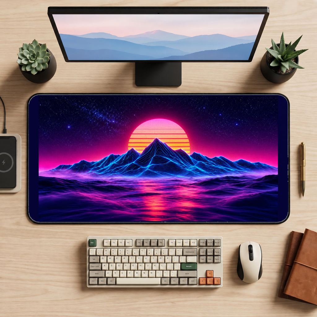 Neon Mountains and Sunset desk mat — product mockup 2