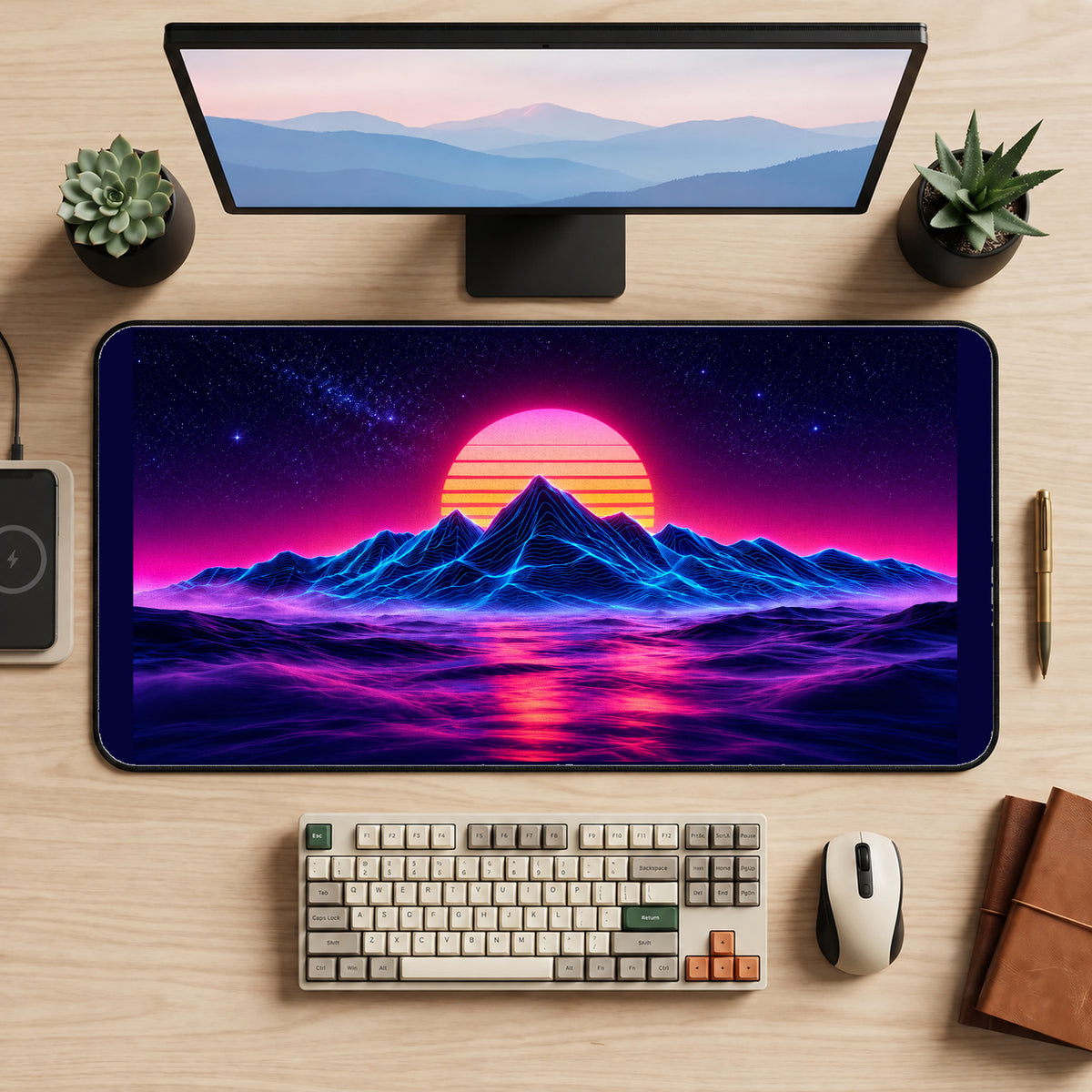 Neon Mountains and Sunset desk mat — product mockup 2