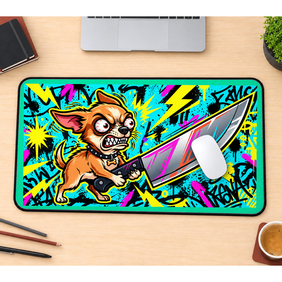 Chihuahua with an Oversized Knife desk mat — product mockup 1