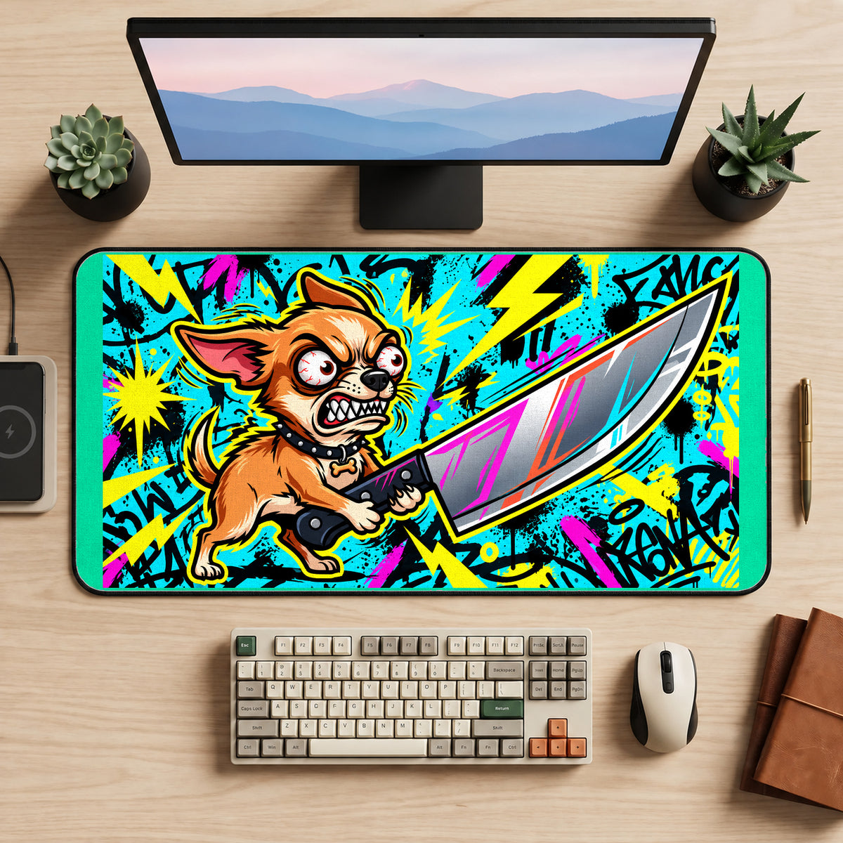 Chihuahua with an Oversized Knife desk mat — product mockup 2