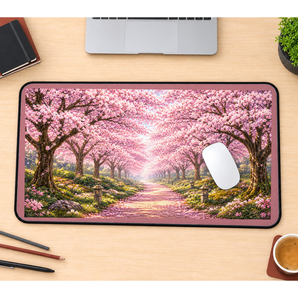 Pink Cherry Blossom Path desk mat — product mockup 1