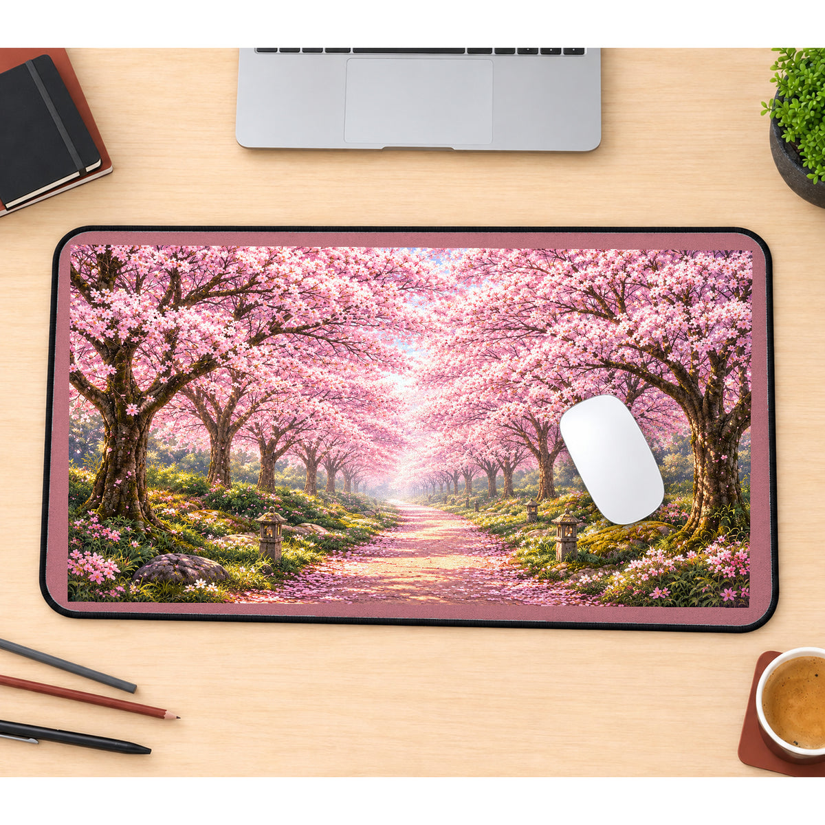 Pink Cherry Blossom Path desk mat — product mockup 1