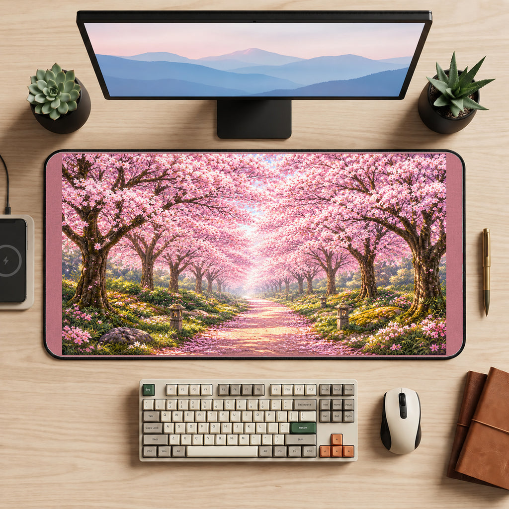 Pink Cherry Blossom Path desk mat — product mockup 2