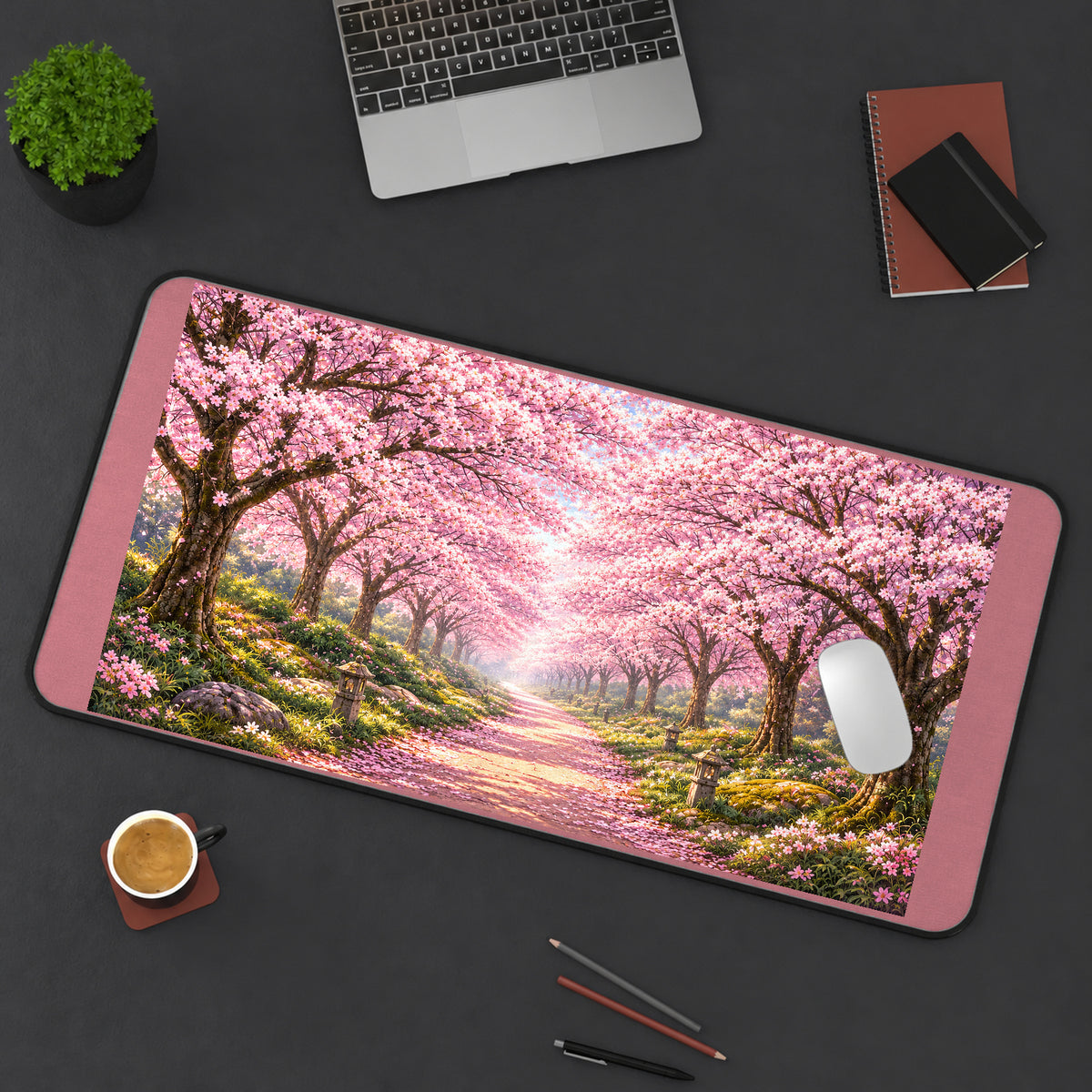 Pink Cherry Blossom Path desk mat — product mockup 3