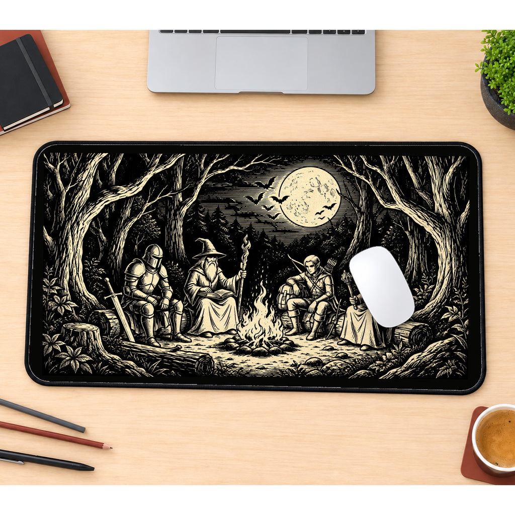 Adventurers Around a Campfire desk mat — product mockup 1