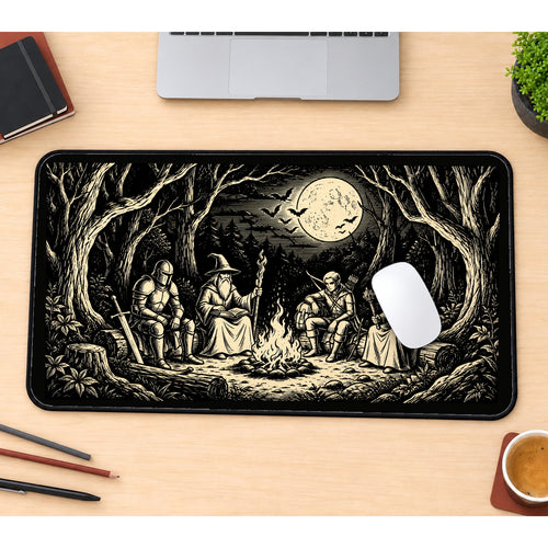 Adventurers Around a Campfire desk mat — product mockup 1