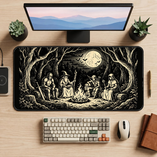Adventurers Around a Campfire desk mat — product mockup 2