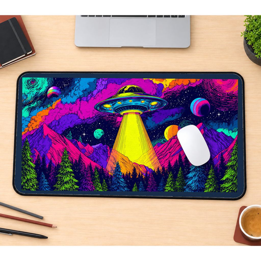 UFO Above Neon Mountains desk mat — product mockup 1