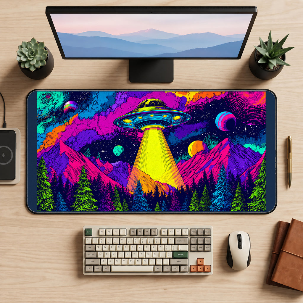 UFO Above Neon Mountains desk mat — product mockup 2