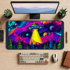 UFO Above Neon Mountains desk mat — product mockup 2