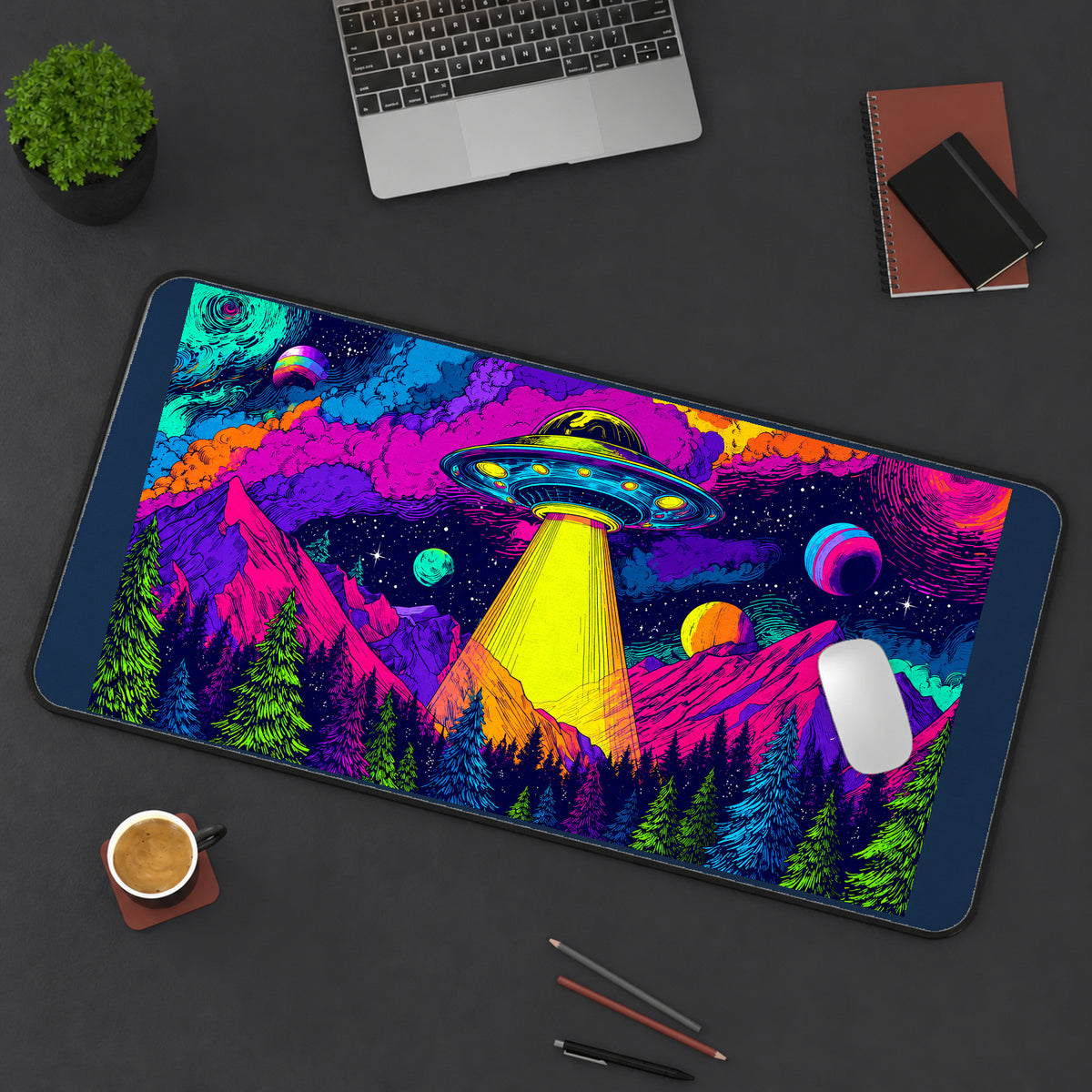 UFO Above Neon Mountains desk mat — product mockup 3