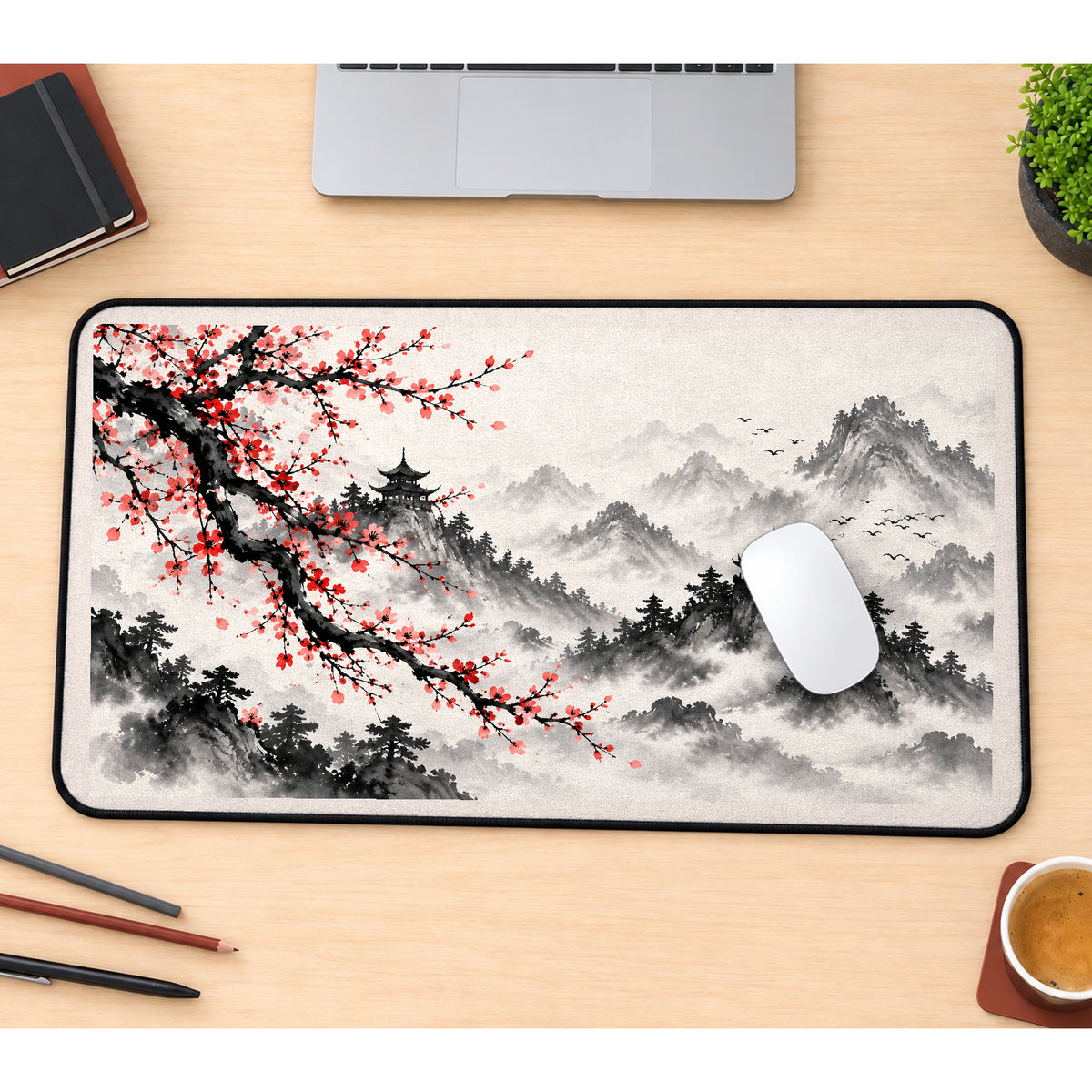 Cherry Blossoms and Misty Pagodas desk mat — product mockup 1