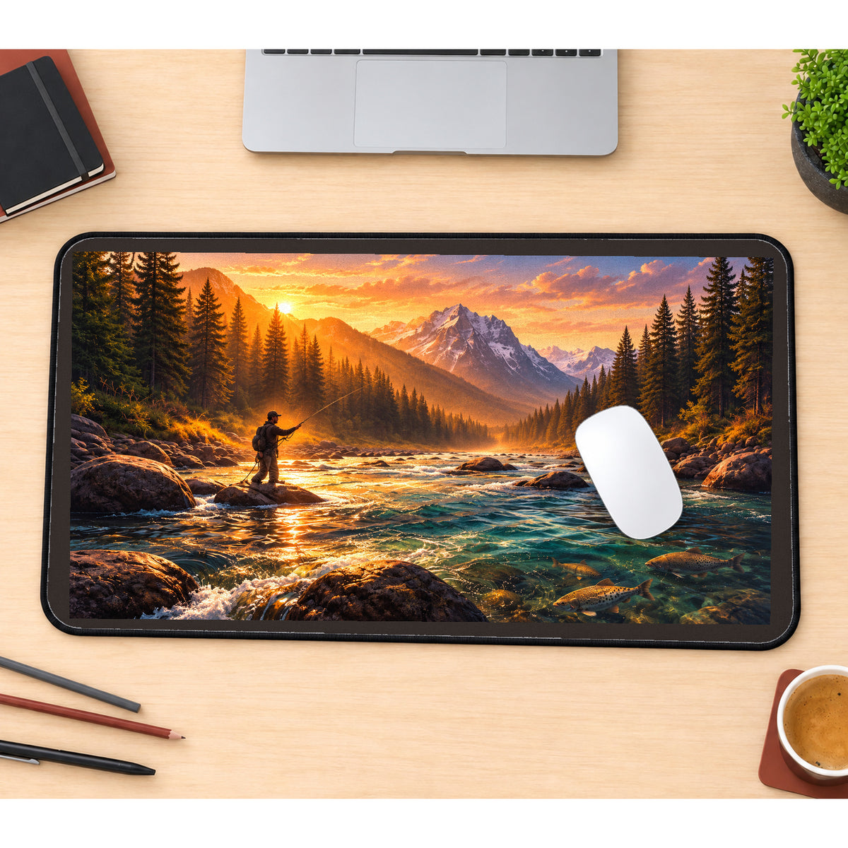 Angler in a Mountain River desk mat — product mockup 1