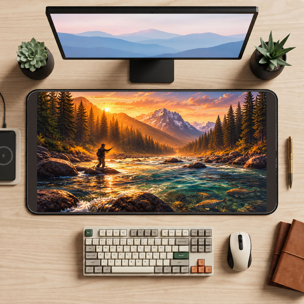 Angler in a Mountain River desk mat — product mockup 2