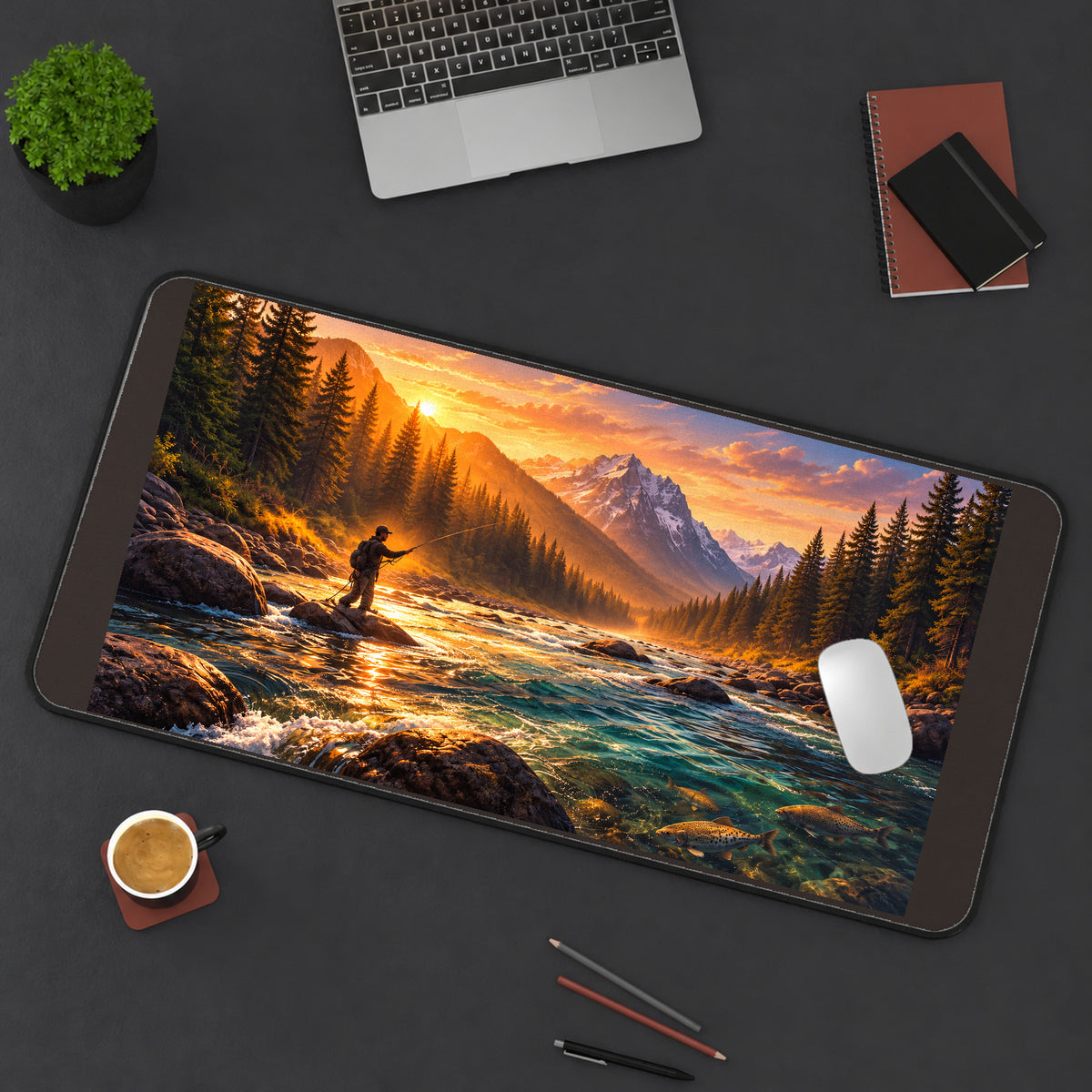 Angler in a Mountain River desk mat — product mockup 3