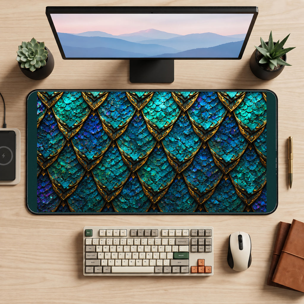 Teal and Gold Dragon Scales desk mat — product mockup 2
