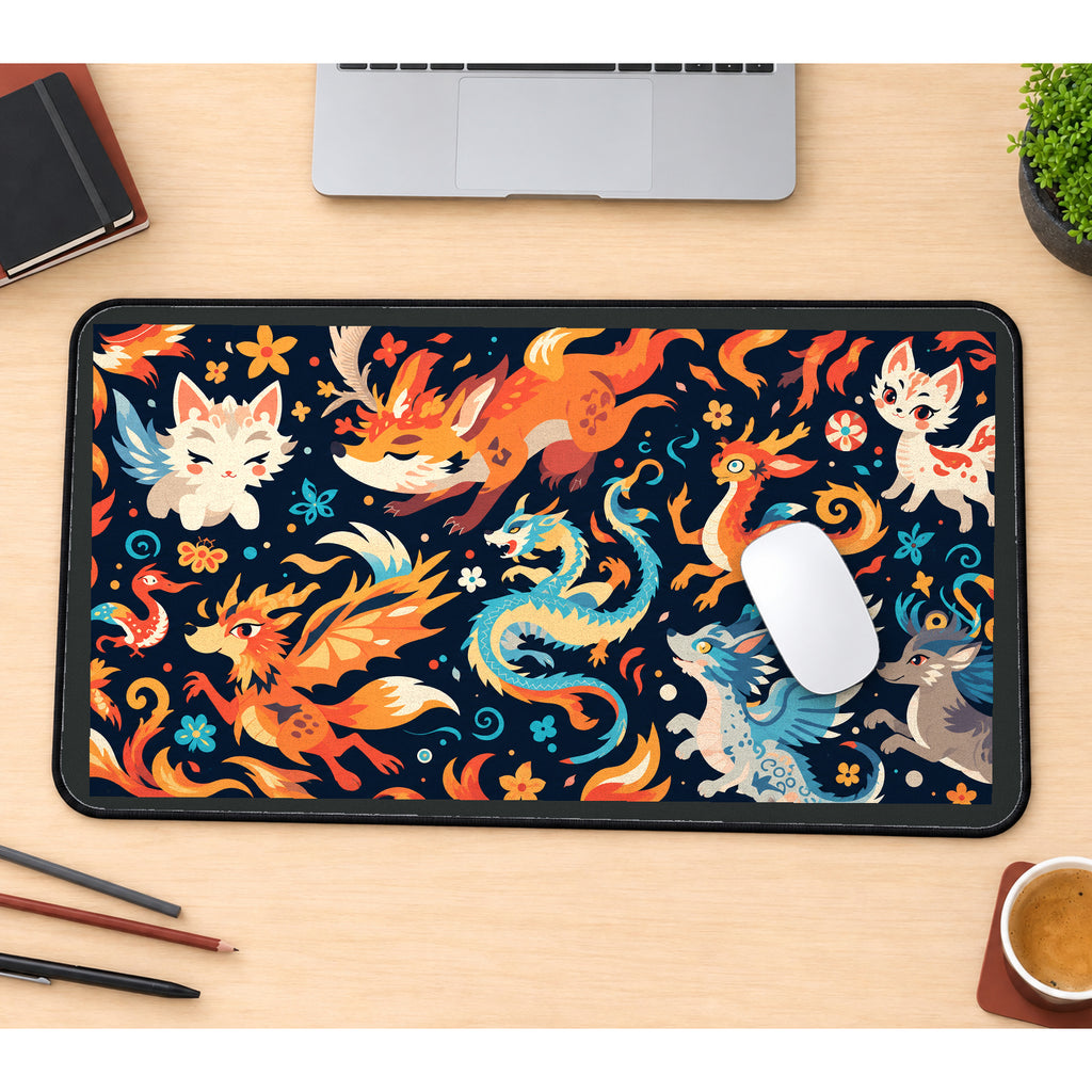 Fire Foxes and Playful Dragons desk mat — product mockup 1