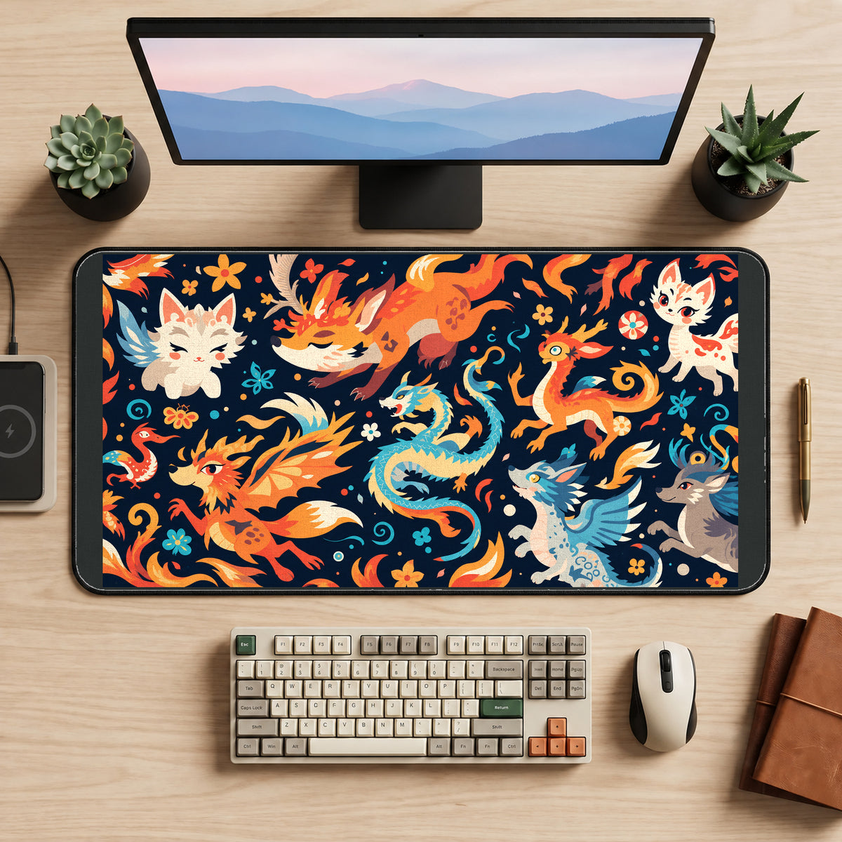 Fire Foxes and Playful Dragons desk mat — product mockup 2