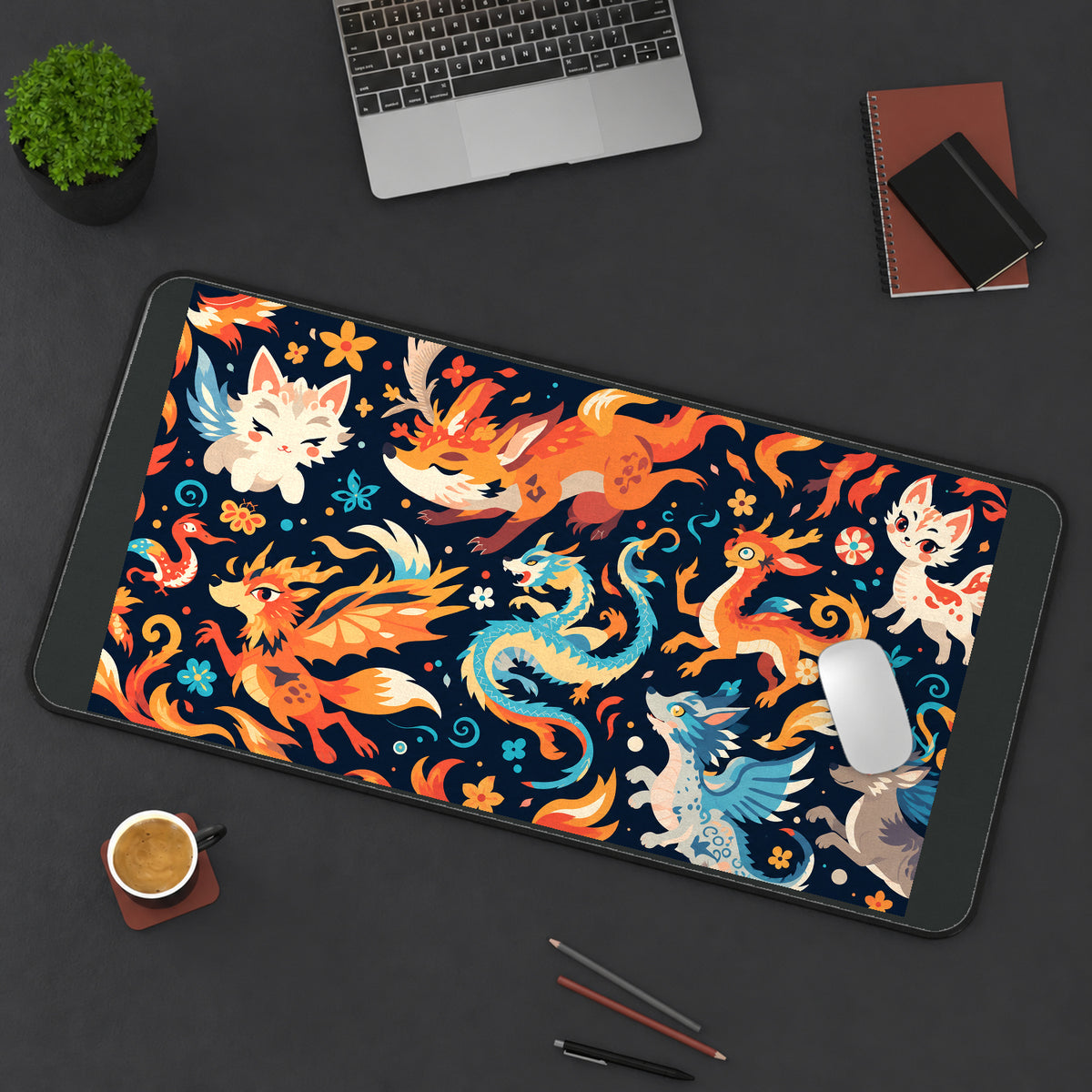 Fire Foxes and Playful Dragons desk mat — product mockup 3