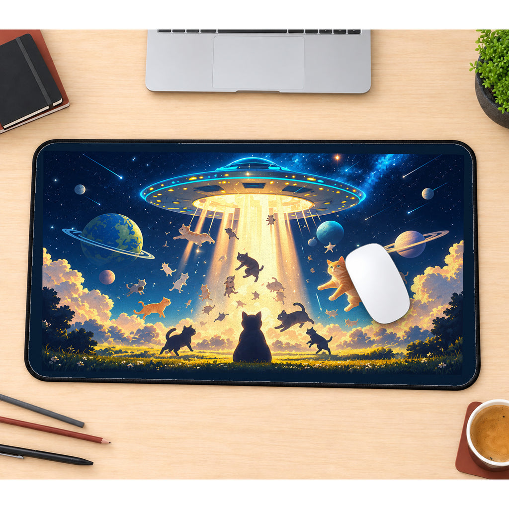 Cats Beneath a Flying Saucer desk mat — product mockup 1
