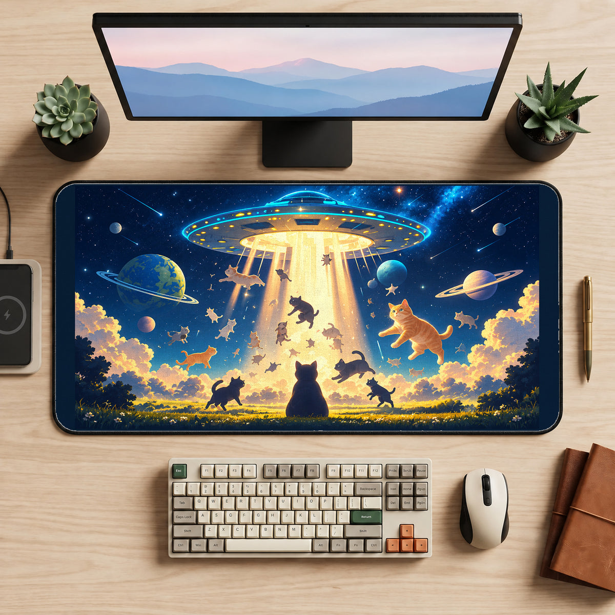 Cats Beneath a Flying Saucer desk mat — product mockup 2