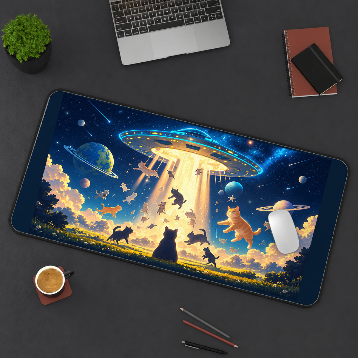 Cats Beneath a Flying Saucer desk mat — product mockup 3