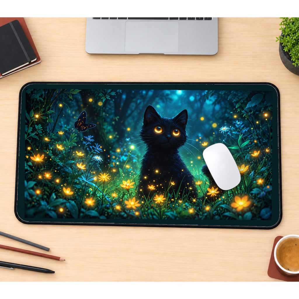 Black Cat in a Firefly Garden desk mat — product mockup 1