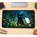 Black Cat in a Firefly Garden desk mat — product mockup 1