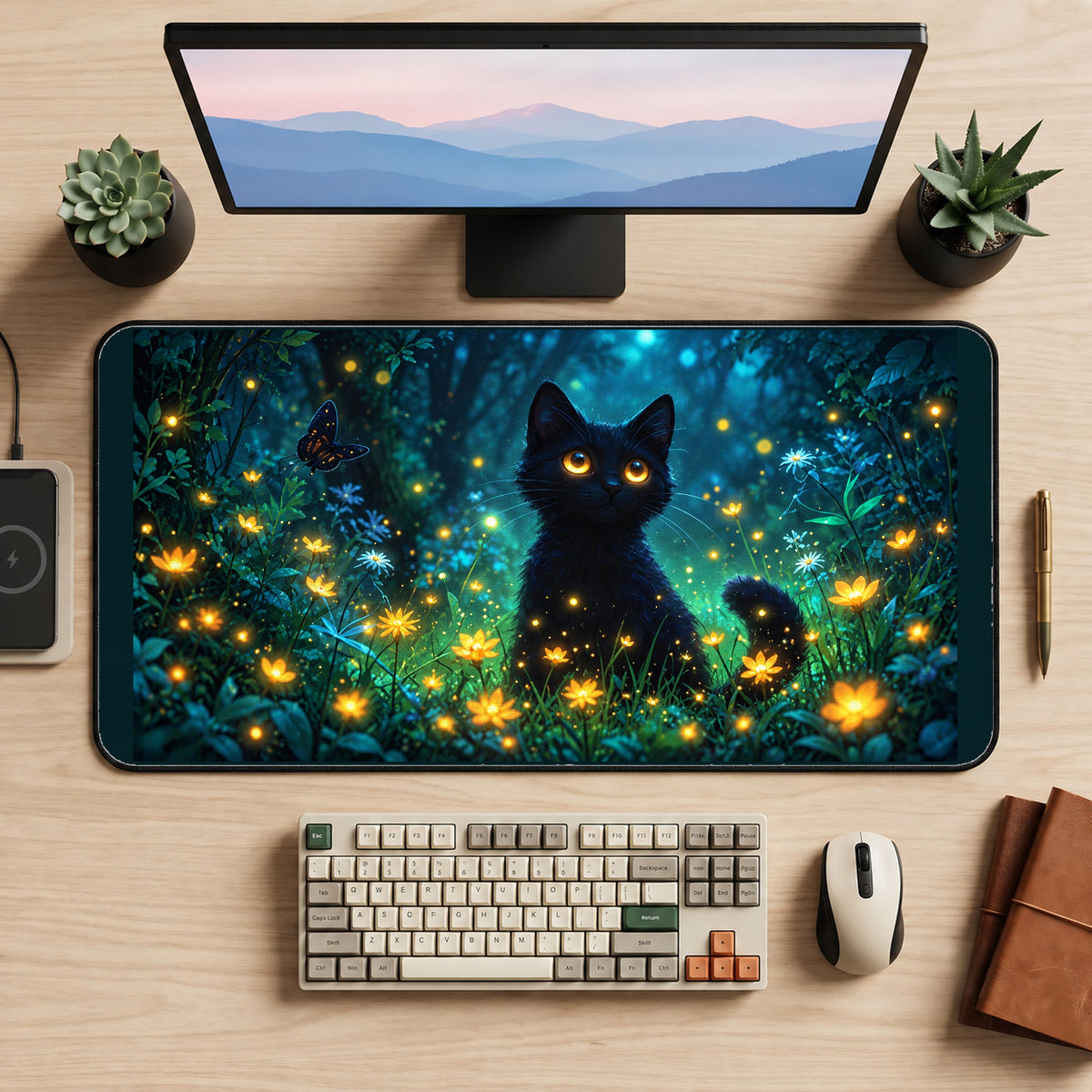 Black Cat in a Firefly Garden desk mat — product mockup 2