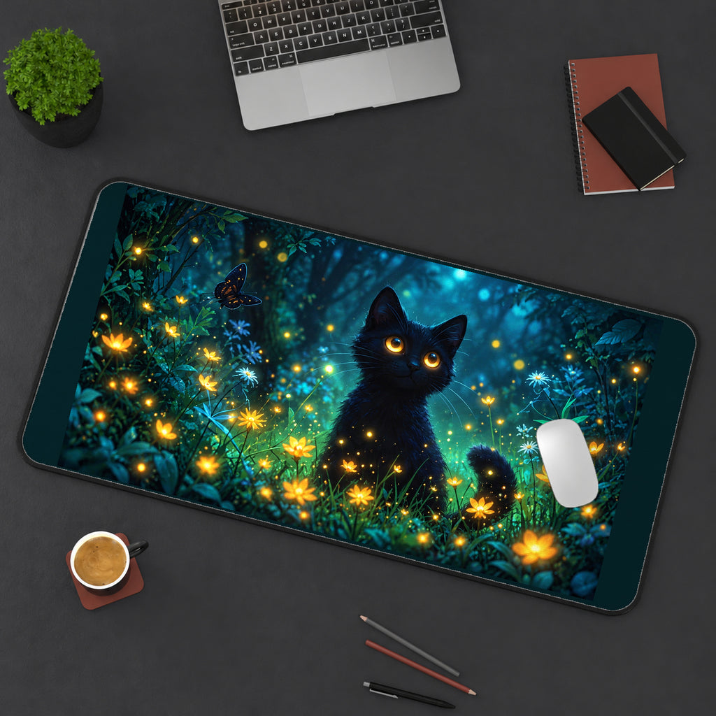 Black Cat in a Firefly Garden desk mat — product mockup 3