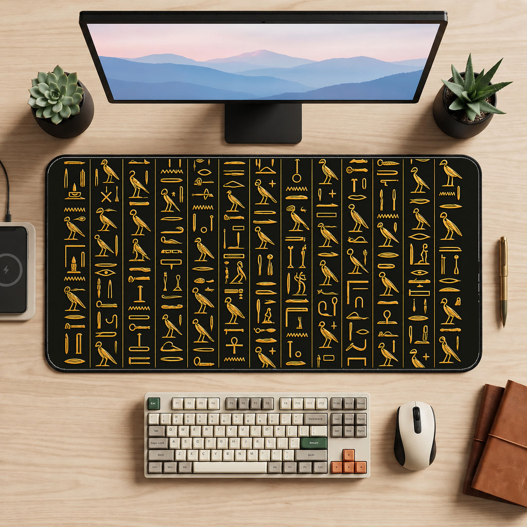 Golden Egyptian Hieroglyphs desk mat — product mockup 2