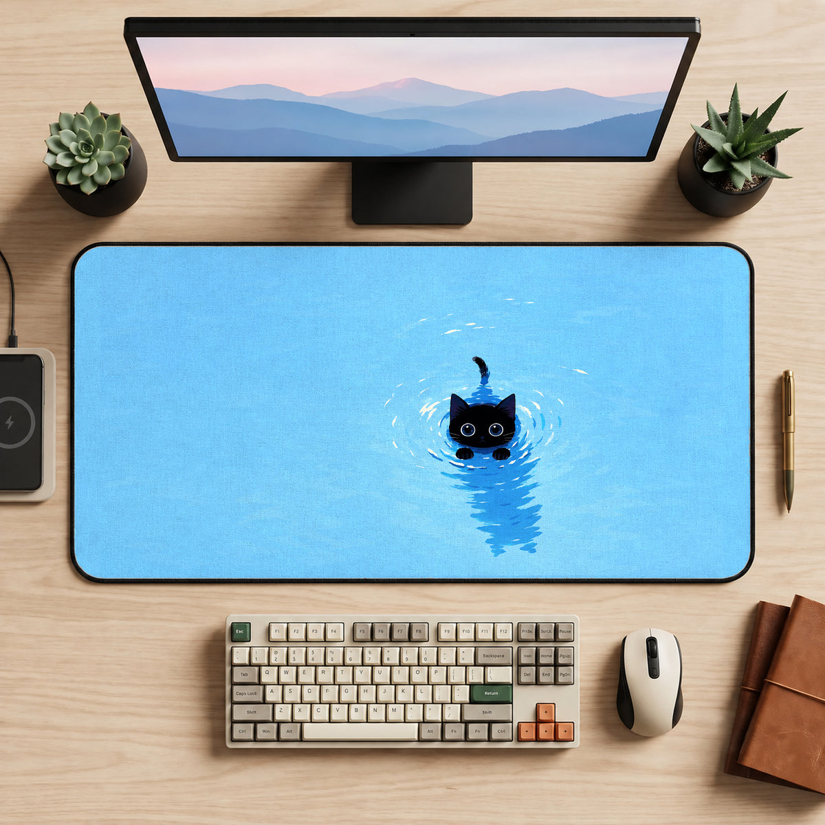 Swimming Black Kitten desk mat — product mockup 2
