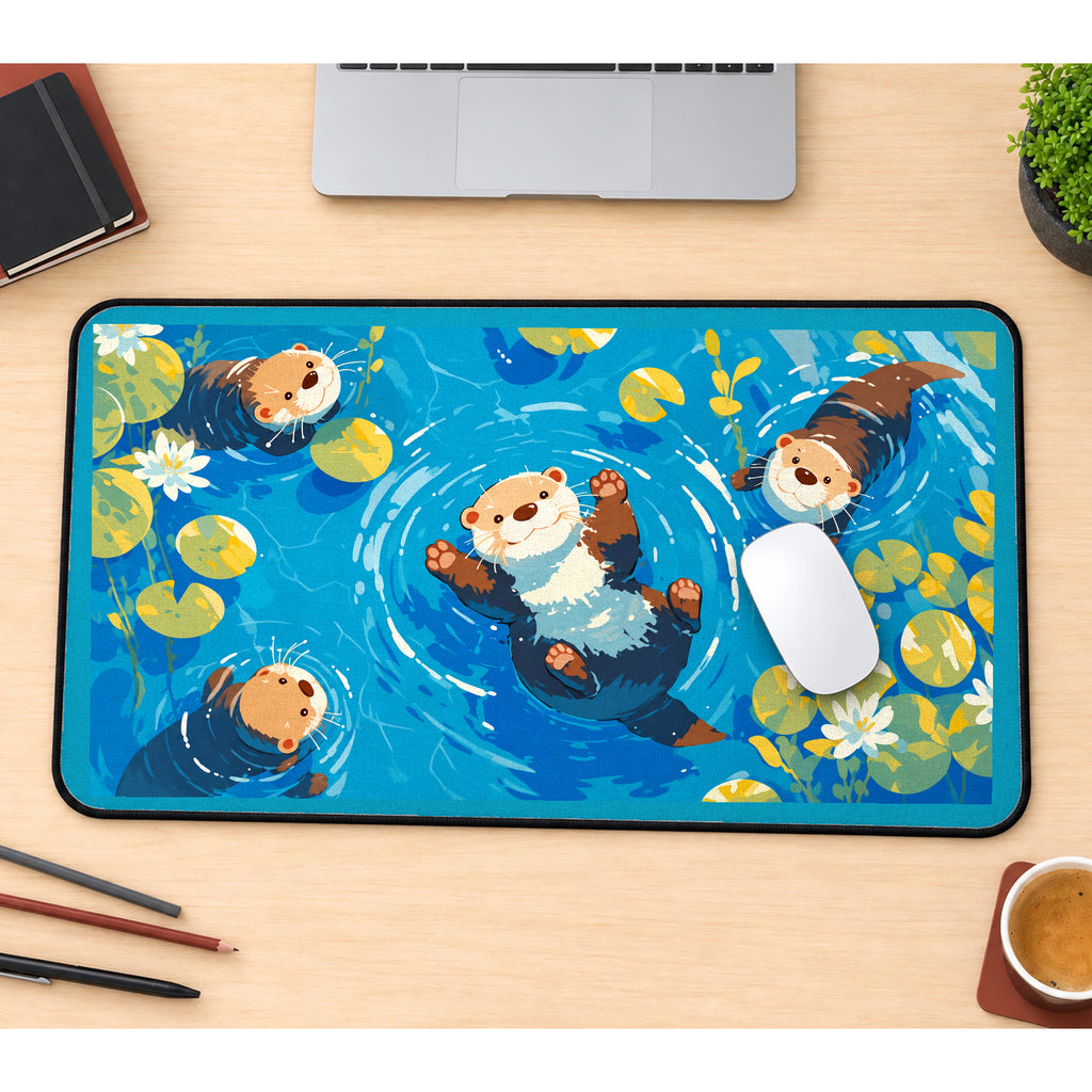 Otters Floating with Lily Pads desk mat — product mockup 1