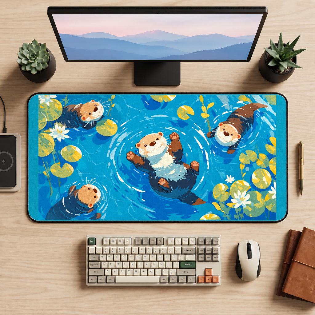 Otters Floating with Lily Pads desk mat — product mockup 2