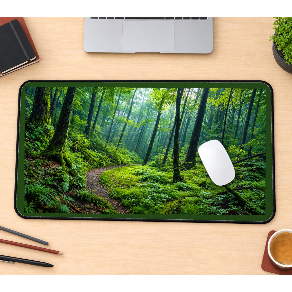 Sunlit Mossy Forest Trail desk mat — product mockup 1