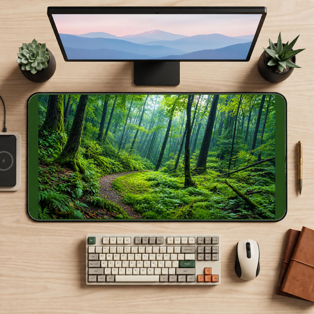 Sunlit Mossy Forest Trail desk mat — product mockup 2