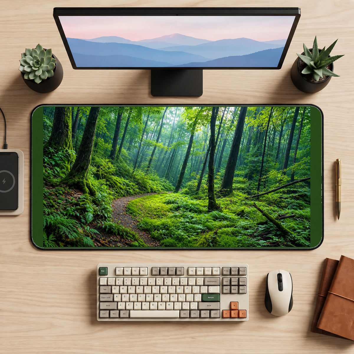 Sunlit Mossy Forest Trail desk mat — product mockup 2