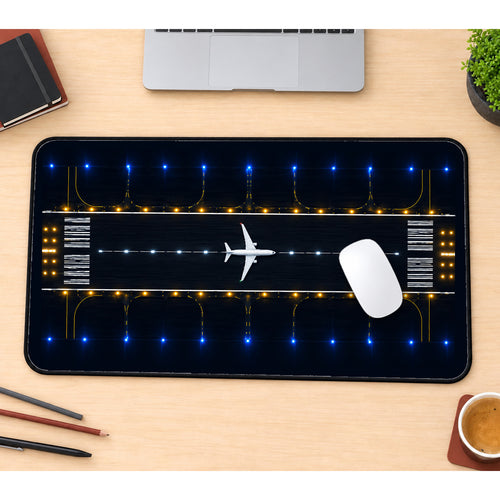 Airplane on a Night Runway desk mat — product mockup 1