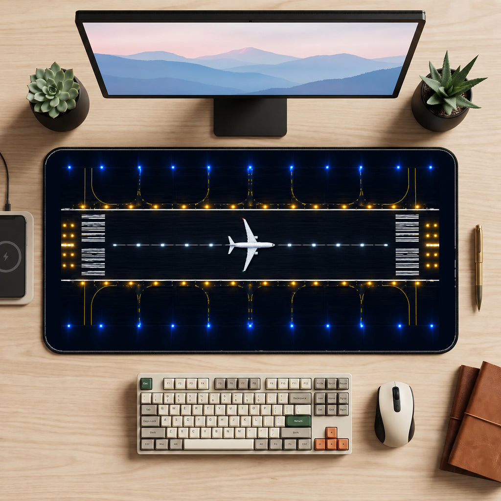 Airplane on a Night Runway desk mat — product mockup 2