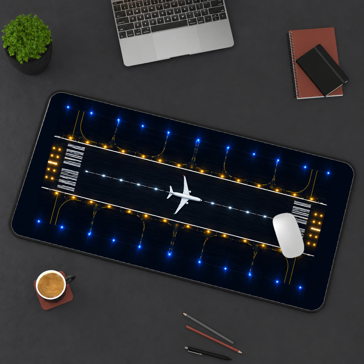 Airplane on a Night Runway desk mat — product mockup 3