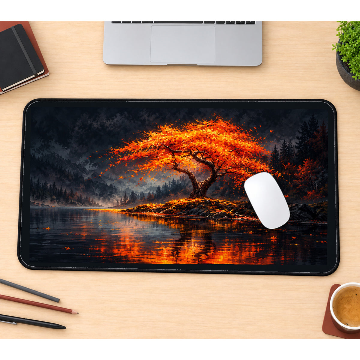 Orange Tree by a Still Lake desk mat — product mockup 1