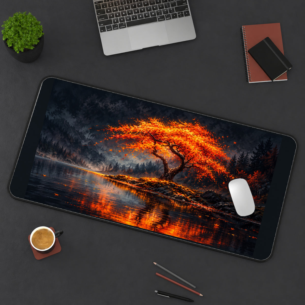Orange Tree by a Still Lake desk mat — product mockup 3