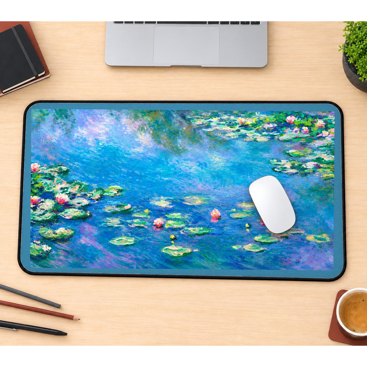 Blue Pond with Water Lilies desk mat — product mockup 1